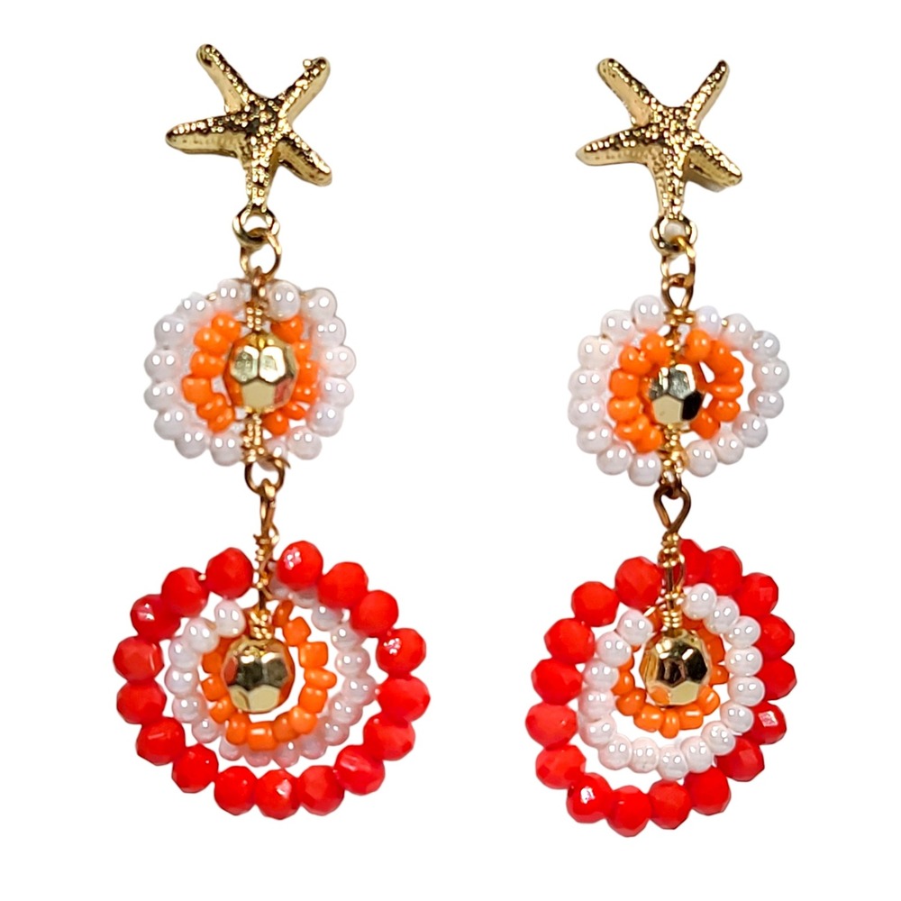 Starfish Triple Drop Earrings Dangle Orange White Gold Tone Beaded Coastal Boho